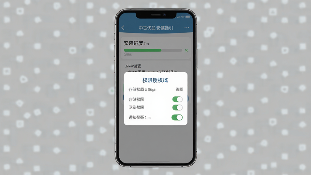 主体为中古优品APP安装与权限设置界面,布局为手机屏幕展示安装进度条和权限授权弹窗,排版采用上下结构,风格为扁平化科技风,细节包括存储权限、网络权限和通知权限的开关按钮,画面中文字标注“中古优品 安装指引”,画质高清,界面清晰,无多余元素