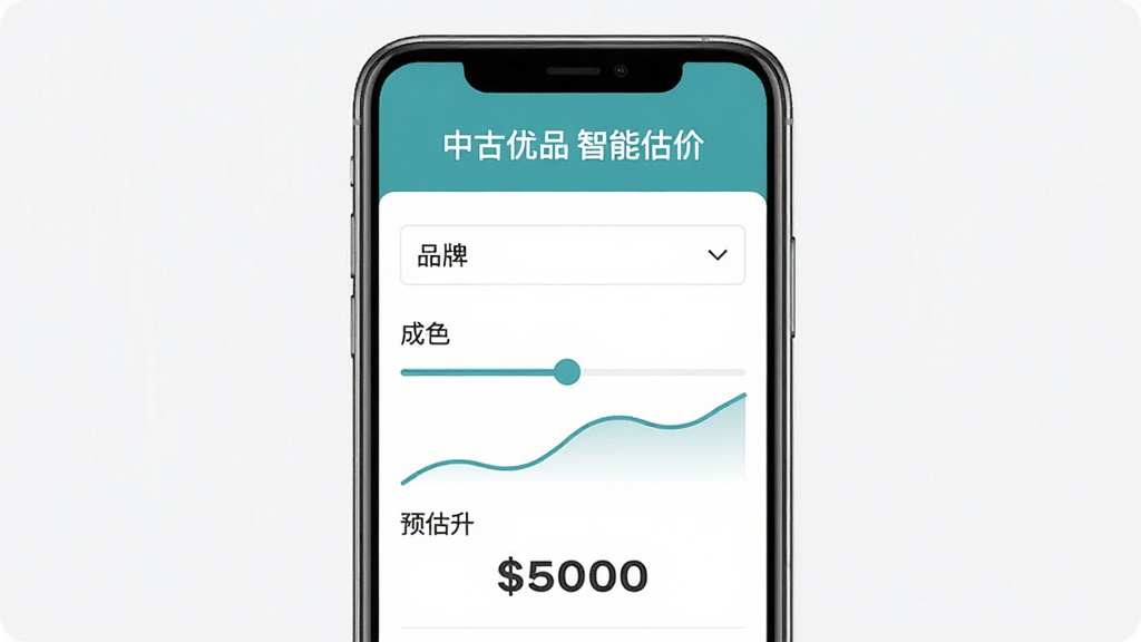 主体为中古优品智能估价功能界面,布局为手机屏幕展示估价表单和价格曲线图,排版采用上下结构,风格为扁平化UI设计,细节包括品牌选择下拉框、成色滑块和预估价格数字,画面中文字标注“中古优品 智能估价”,画质高清,界面干净,无多余元素