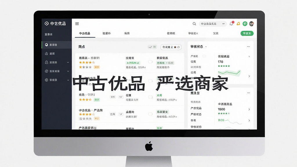 主体为中古优品商家后台管理界面,布局为电脑屏幕展示商家列表和数据面板,排版采用左右分栏,风格为商务简约风,细节包括商家评分星级、信用标签和审核状态标识,画面中文字标注“中古优品 严选商家”,画质清晰,干净利落,无多余元素