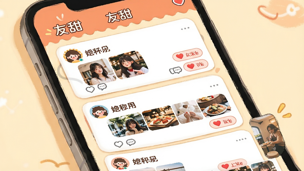 一张社交动态广场界面示意图,画面中手机屏幕显示多条用户动态卡片,每张卡片包含头像、昵称、图片和点赞按钮,顶部有