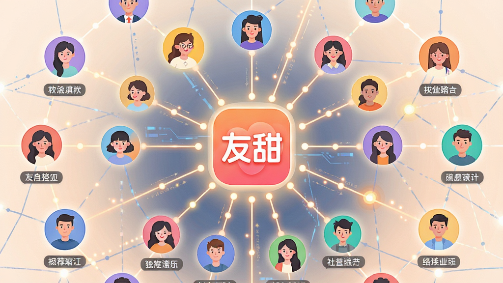 一张展示社交软件智能推荐算法的概念图,画面主体是多个彩色用户头像通过线条连接成网络状,中心是