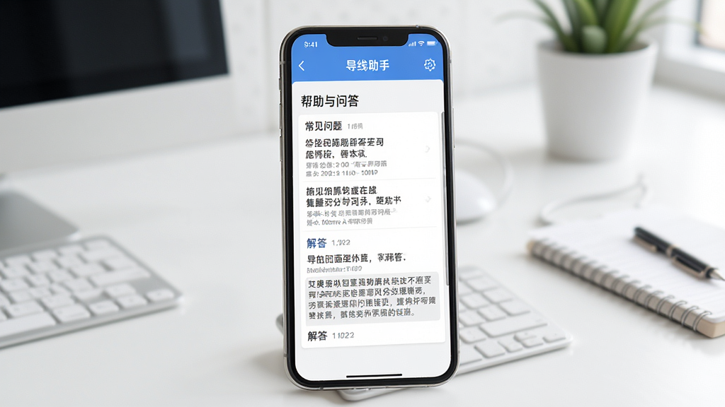 导线助手软件问答界面示意图,画面中手机屏幕显示导线助手应用的帮助与问答页面,包含常见问题列表和解答内容,背景为简洁的办公桌面场景,风格为现代扁平化设计,细节包括清晰的文字排版和图标,画质高清,干净整洁,无多余元素