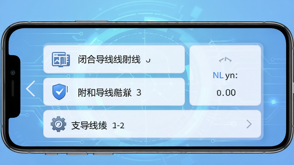 导线助手软件功能界面截图,画面展示手机屏幕中导线助手应用的多类型导线计算选择菜单,界面中清晰列出闭合导线、附和导线、支导线等选项,背景为淡蓝色科技感渐变,风格简洁专业,细节包括图标和文字排版整齐,画质高清,干净无多余元素