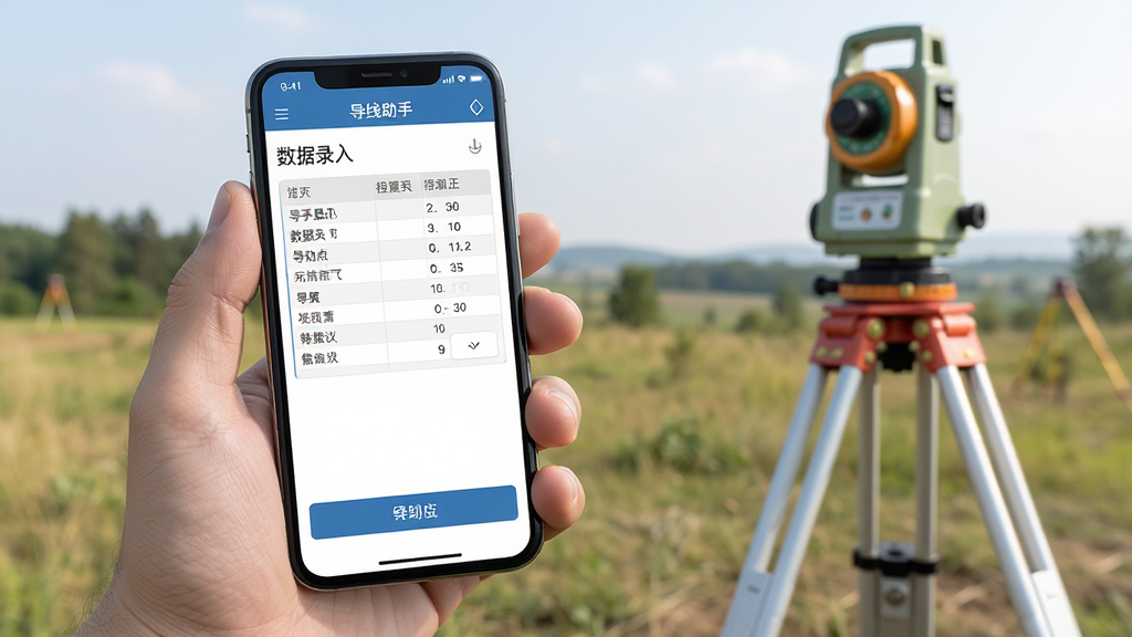 导线助手移动端操作示意图,画面展示一只手握住手机,手机屏幕上显示导线助手应用的数据录入界面,背景为户外测量场景,包含测量仪器和三脚架,风格为写实风格,细节包括手机界面清晰可见的数据表格和按钮,画质高清,干净整洁,无多余元素