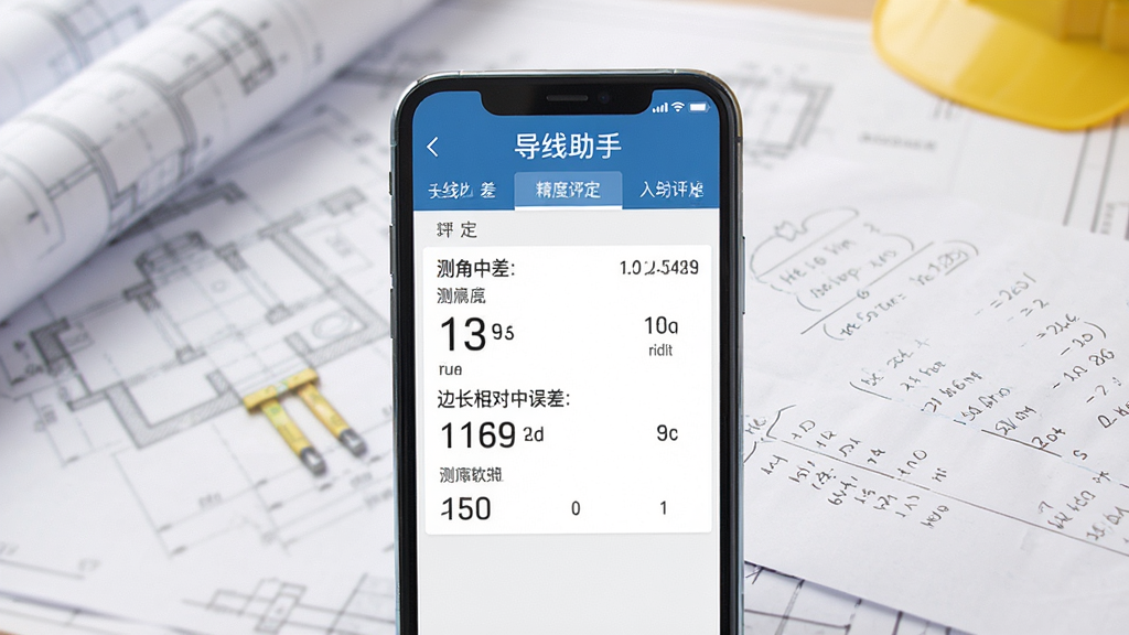 导线助手软件精度评定界面展示图,画面中手机屏幕显示导线助手应用的精度评定结果页面,包含测角中误差、边长相对中误差等数据指标,背景为工程图纸与计算草稿的虚化场景,风格为专业测量软件界面,细节清晰,画质高清,干净整洁,无多余元素