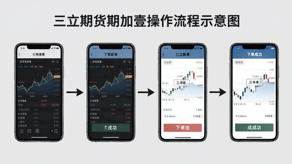 三立期货期加壹操作流程示意图,画面中展示手机界面从行情查看到下单成功的连续截图,用箭头连接,背景为浅灰色,风格简洁商务,画质清晰干净