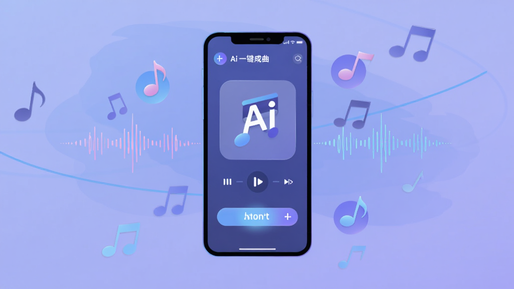 画面中心是一部智能手机,屏幕显示着Ai一键成曲的简洁创作界面,音符图标和波形图环绕在手机周围,背景是柔和的蓝紫色渐变,布局采用居中构图,风格为现代科技感扁平插画,细节包括悬浮的音符和发光的按钮,画质清晰,干净,无多余元素。