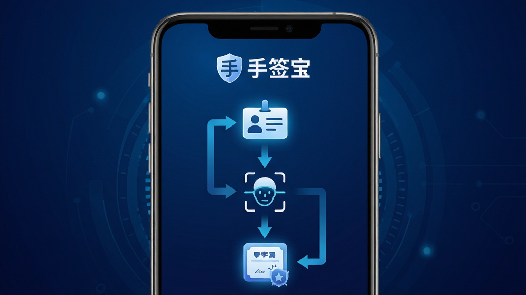 手签宝安全加密与实名认证功能展示图,画面中央为一部安卓手机,手机屏幕显示实名认证页面,页面上方有