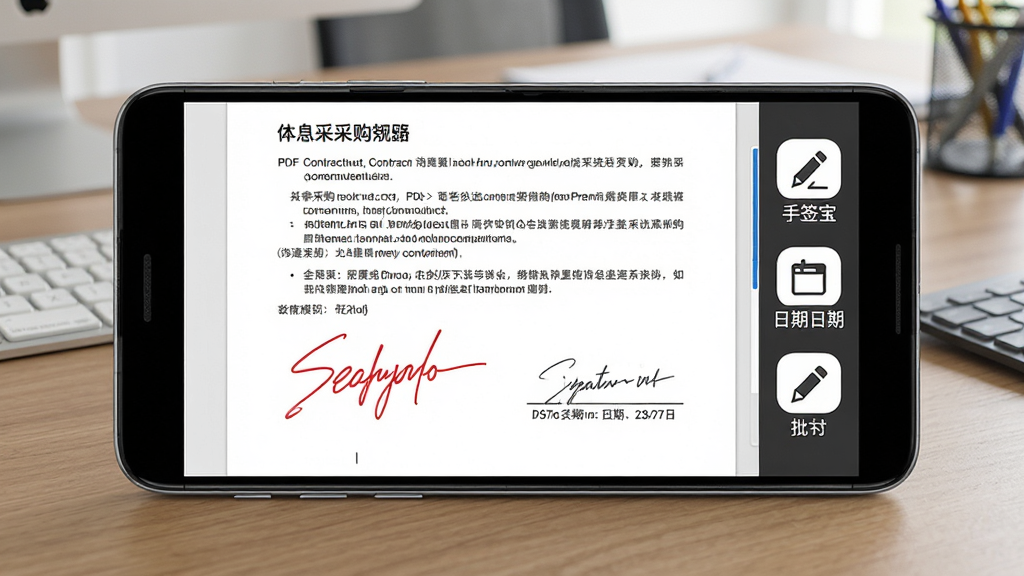 手签宝PDF签批功能示意图,画面展示一部安卓手机横向放置,屏幕中显示一份PDF格式的采购合同,合同末尾有红色手写签名和日期标注,屏幕右侧有签名、日期、批注三个功能图标,背景为办公桌面,布局为手机横向居中、合同内容占据屏幕主体,风格为商务办公风,细节包括合同文字清晰、签名笔迹自然、功能图标简洁易懂,画质为高清,画面干净无干扰元素