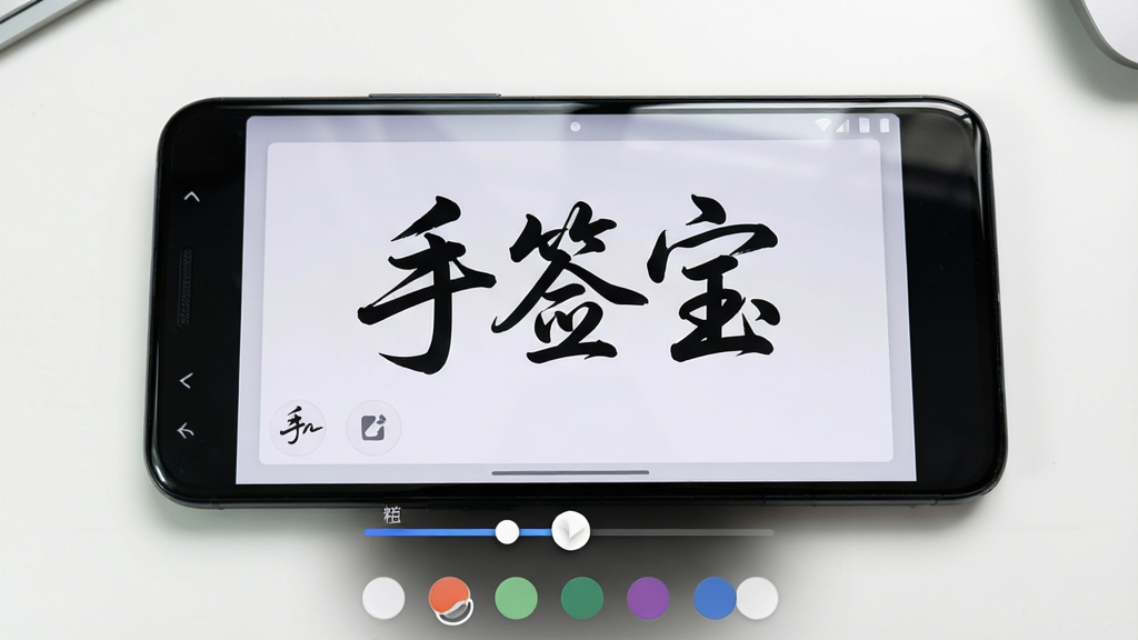 手签宝手写签名功能展示图,画面主体为一部安卓手机,手机屏幕显示签名板界面,屏幕上有