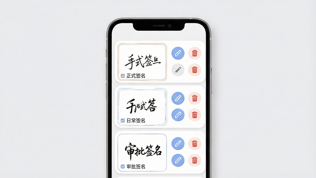 手签宝签名模板管理界面展示图,画面中央为一部安卓手机,手机屏幕显示签名模板列表,列表中有三个不同风格的签名缩略图,分别标注