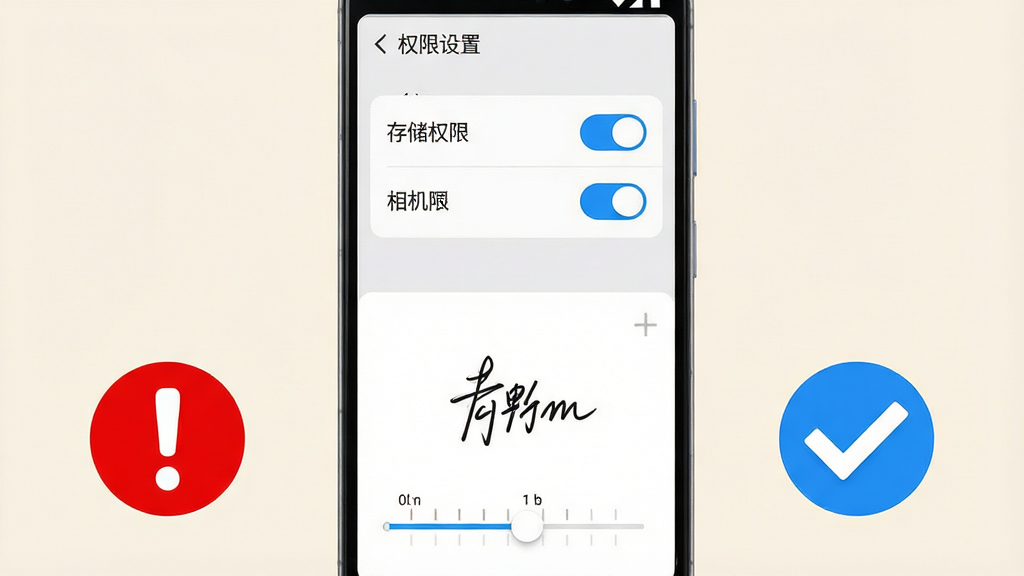 手签宝新手操作指南示意图,画面展示一部安卓手机,手机屏幕分为上下两部分,上半部分显示权限设置界面,有存储权限和相机权限两个开关按钮,下半部分显示签名界面,有笔迹粗细调节滑块,手机旁边有一个红色感叹号图标和蓝色对勾图标,背景为浅色,布局为手机居中、图标分布在手机两侧,风格为教程说明风,细节包括开关按钮高亮、滑块刻度清晰、图标颜色鲜明,画质为高清,画面干净无杂乱元素