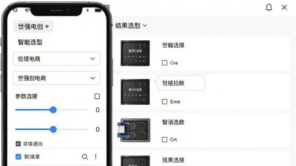 世强硬创电商智能选型界面,主体为手机展示参数筛选面板,布局为左侧筛选栏右侧结果列表,排版紧凑,风格专业简洁,细节包括下拉菜单、滑块调节、复选框,画质高清,干净,无多余元素