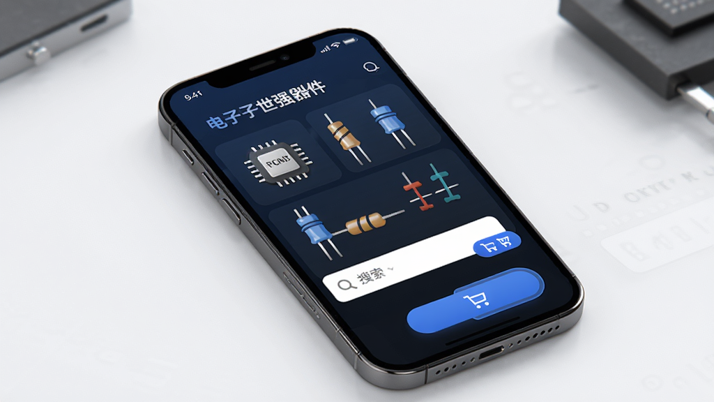 世强硬创电商APP首页界面展示,主体为一部智能手机,屏幕中显示电子元器件分类导航与搜索框,布局清晰,排版简洁,风格为现代科技感,细节包括芯片图标、电阻电容图形、购物车按钮,画质高清,干净,无多余元素