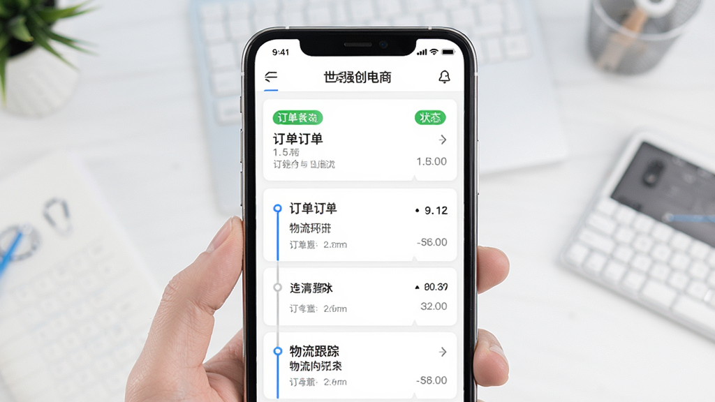 世强硬创电商移动端操作界面,主体为手机展示订单列表与物流跟踪,布局为上下滑动列表,排版清晰,风格现代简约,细节包括状态标签、时间轴、导航栏,画质高清,干净,无多余元素