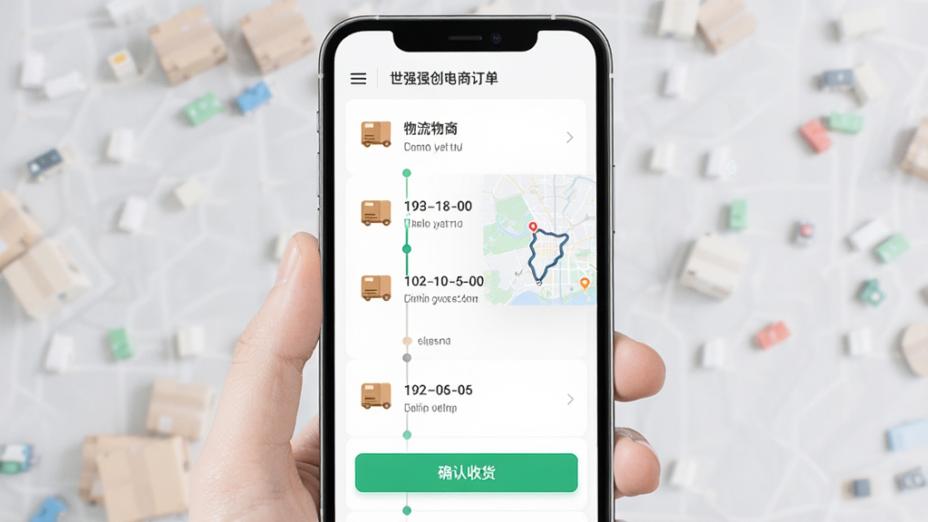 世强硬创电商订单追踪界面,主体为手机显示物流时间轴与地图轨迹,布局为纵向列表,排版直观,风格清爽,细节包括快递图标、时间节点、确认收货按钮,画质高清,干净,无多余元素