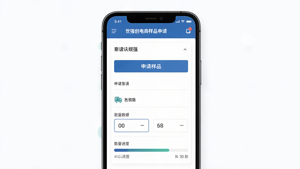 世强硬创电商样品申请页面,主体为手机屏幕显示申请表单与进度条,布局为上下结构,排版清晰,风格现代商务,细节包括“申请样品”按钮、物流图标、数量输入框,画质清晰,干净,无多余元素