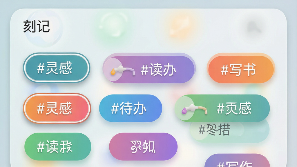 一部安卓手机界面截图风格图,主体为「刻记」的标签筛选面板,面板内排列着彩色标签胶囊,包含「#灵感」「#待办」「#读书」「#写作」等文字,标签按大小错落排列,背景为浅色毛玻璃效果;布局采用瀑布流式标签墙;风格为清新扁平化UI;细节包含标签颜色渐变、选中态描边与轻微投影;画质高清,干净,无多余元素