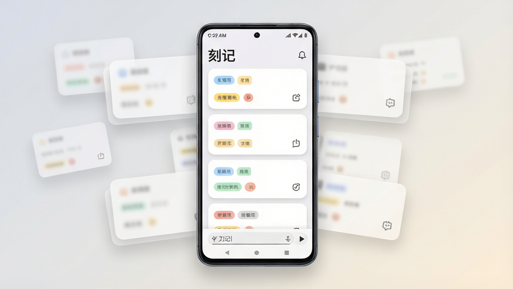 一张以「刻记」为主题的手机应用界面展示图,主体是一部竖屏安卓手机居中放置,屏幕内呈现卡片式笔记列表,包含多张白色圆角卡片、彩色标签与简洁的底部输入栏;布局采用居中对称构图,背景为浅灰到米白的柔和渐变;排版上手机周围漂浮若干半透明卡片元素形成层次感;风格为现代极简UI展示风,细节包含卡片阴影、圆角图标、状态栏时间与信号标识;画质高清,干净,无多余元素