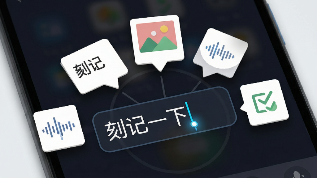一部安卓手机屏幕特写,画面中央是一个醒目的输入框,正在输入文字「刻记一下」,输入框上方漂浮着文字卡片、图片卡片、语音波形与待办勾选四种形态的小图标,布局采用中心放射状排列,风格为扁平化科技感UI,细节包含光标闪烁效果与柔和投影,画质高清,干净,无多余元素