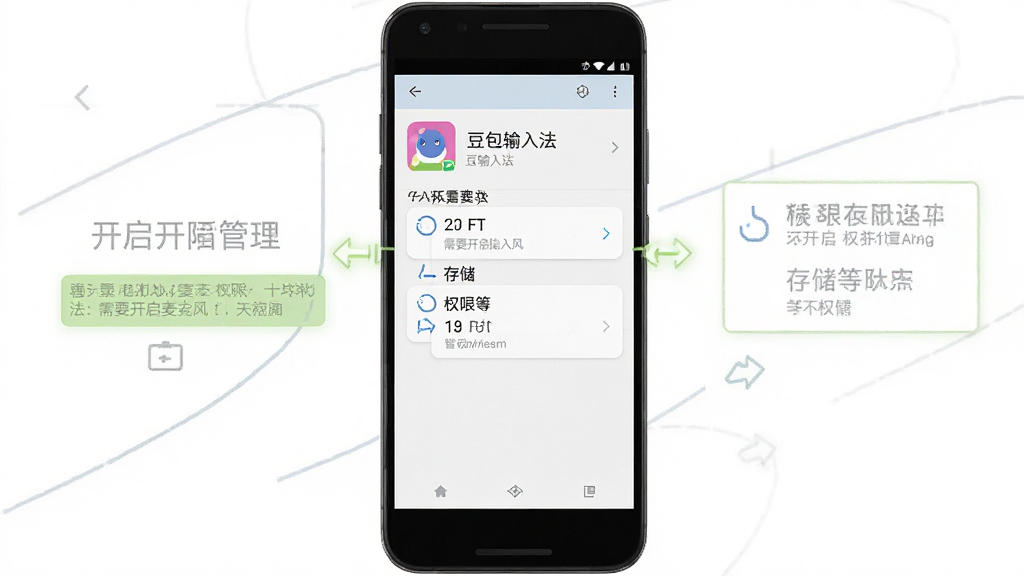 一张展示豆包输入法在手机设置中开启权限的示意图,画面中手机屏幕显示应用权限管理界面,标注“豆包输入法”需要开启麦克风、存储等权限,风格简洁明了,画面干净,无多余元素,高清画质
