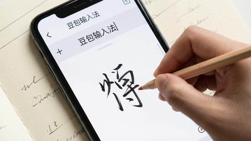 一张展示豆包输入法手写输入功能的图片,画面中手机屏幕显示手写区域,用户正在书写汉字,屏幕上方显示“豆包输入法”识别结果,背景为浅色纸张纹理,风格简约,画面干净,无多余元素,高清画质