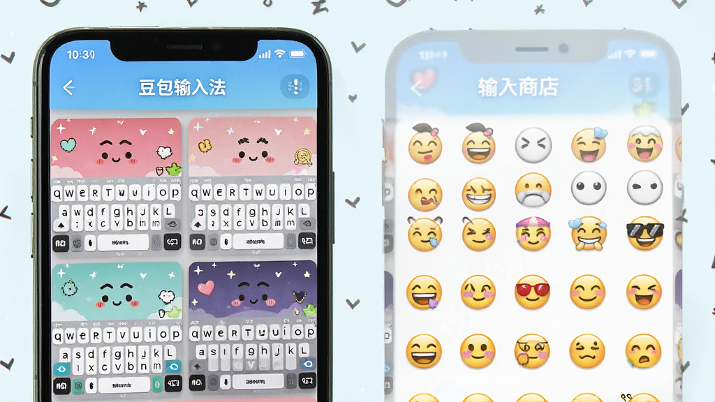一张展示豆包输入法表情与皮肤商店的图片,画面中手机屏幕显示多种键盘皮肤和表情包选项,界面标注“豆包输入法”,色彩丰富活泼,风格可爱清新,细节清晰,画面干净,无多余元素,高清画质