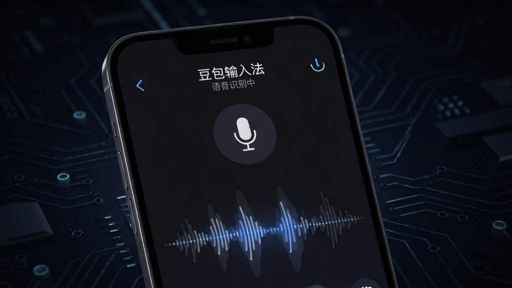 一张展示豆包输入法语音输入功能的图片,画面中手机屏幕显示语音输入界面,声波可视化跳动,屏幕上方显示“豆包输入法”语音识别中,背景为深色科技风格,有麦克风图标,画面简洁,无多余元素,高清画质