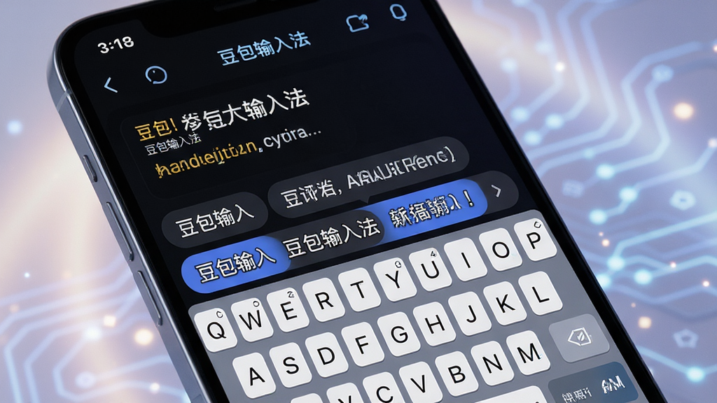 一张展示豆包输入法AI智能联想功能的图片,画面中手机屏幕显示正在输入一段文字,键盘上方出现多个智能候选词和整句预测,界面标注“豆包输入法”字样,背景为柔和光效,风格科技感十足,细节清晰,画面干净,无多余元素,高清画质
