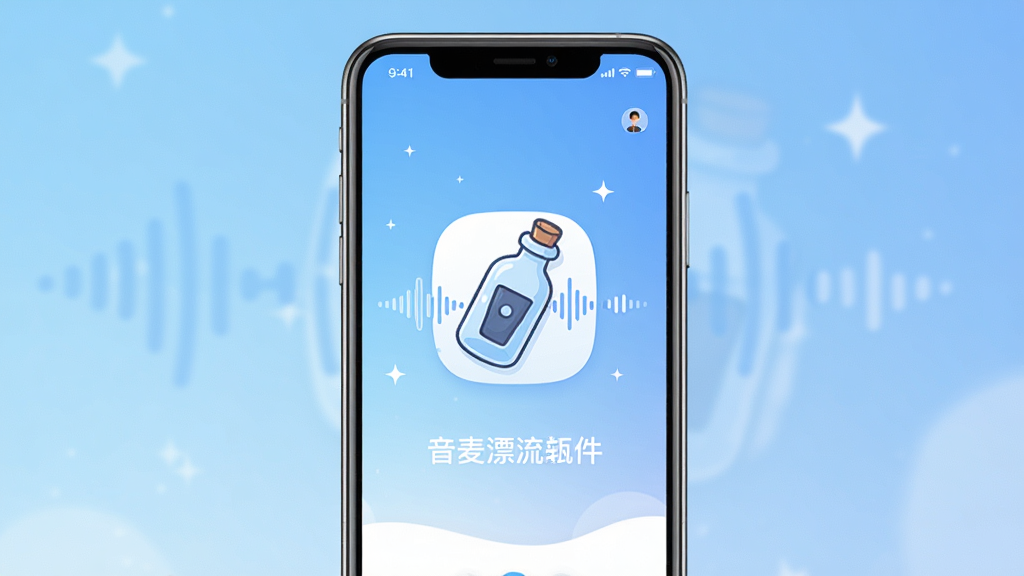 一张展示音麦漂流瓶软件主界面的手机样机图,画面中央是一部现代智能手机,屏幕上显示着音麦漂流瓶的启动页或主界面,界面风格清新简约,以蓝色和白色为主色调,界面上有漂流瓶的卡通图标和语音波浪线元素,背景是柔和的渐变蓝色,带有轻微的星光点缀,整体风格年轻化、社交化,画质清晰,干净无多余元素,适合作为软件下载站的预览图。