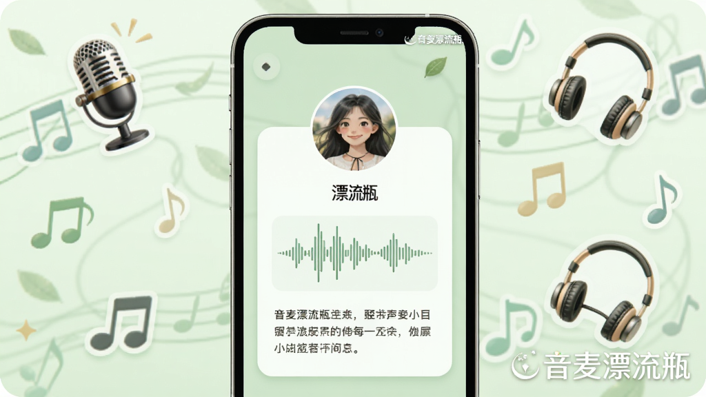 音麦漂流瓶个人声音名片编辑界面,画面展示一个手机屏幕,屏幕上是一个卡片式的个人主页,包含圆形头像、昵称、声音波形图和一段文字简介,卡片背景是淡雅的浅绿色,周围有麦克风、耳机和音符的装饰图标,整体风格清新自然,画质精细,图片中带有“音麦漂流瓶”的logo水印。