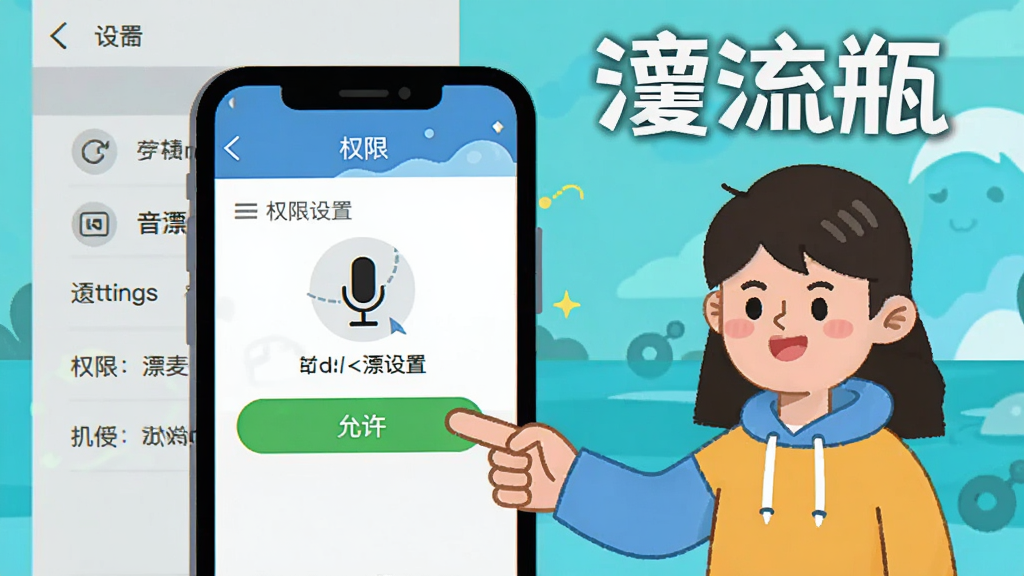 音麦漂流瓶使用教程示意图,画面展示一部手机屏幕,屏幕上显示着权限设置界面和麦克风图标,旁边有一个卡通人物用手指着屏幕上的“允许”按钮,背景是浅灰色的设置菜单样式,整体风格为扁平化信息图,色彩明快,带有“音麦漂流瓶”文字标注,画质清晰,适合用于教程配图。