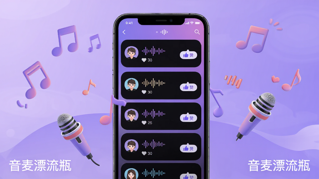 音麦漂流瓶声音广场界面示意图,画面中央是一个手机屏幕,屏幕上显示着语音动态列表,每条动态都配有声波图标、用户头像和点赞按钮,背景是柔和的紫色渐变,屏幕周围漂浮着音符和麦克风图标,整体风格时尚活泼,带有社交媒体的现代感,画质清晰,无杂乱元素,图片角落标注“音麦漂流瓶”字样。