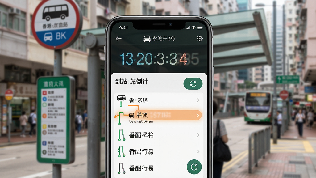 香港出行易实时到站查询功能界面,画面中央为手机屏幕特写,屏幕内显示巴士路线号码、到站倒计时、途经站点列表,背景为香港街道与巴士站牌,布局为上下结构,风格为写实科技风,细节包含数字跳动效果、路线高亮、刷新按钮,画质清晰,干净,无多余元素