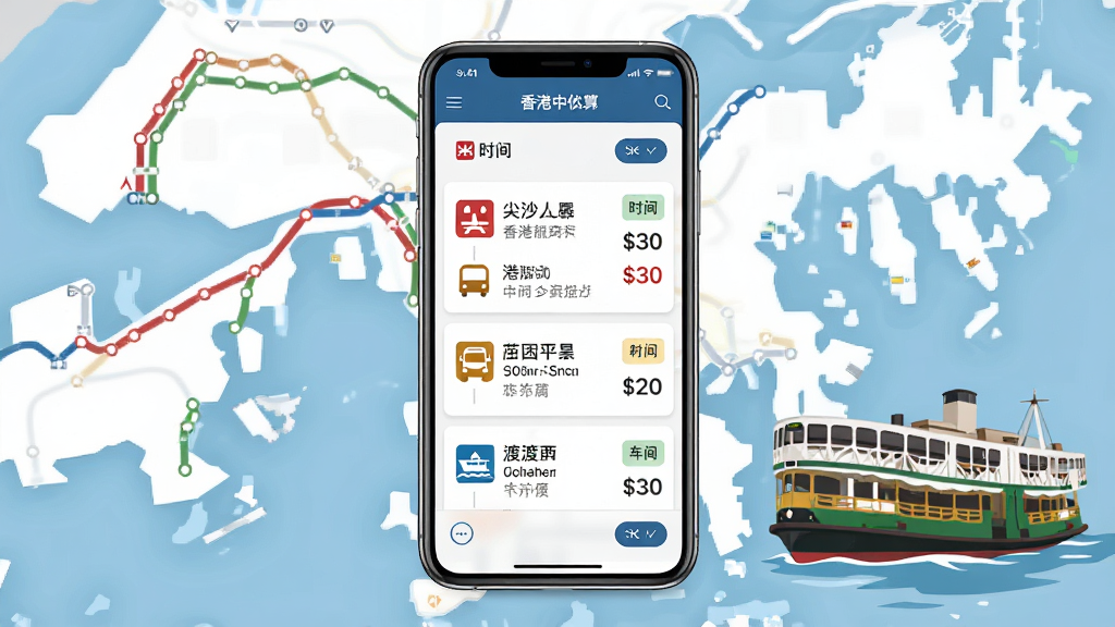 香港出行易路线规划与车费估算界面,画面中央为手机屏幕,屏幕内展示从尖沙咀到中环的多条出行方案对比,包含港铁、巴士、渡轮选项,每条方案标注时间与费用,背景为香港地铁线路图与天星小轮,布局为列表式,风格为简洁商务风,细节包含路线图标、价格标签、筛选按钮,画质高清,干净,无多余元素