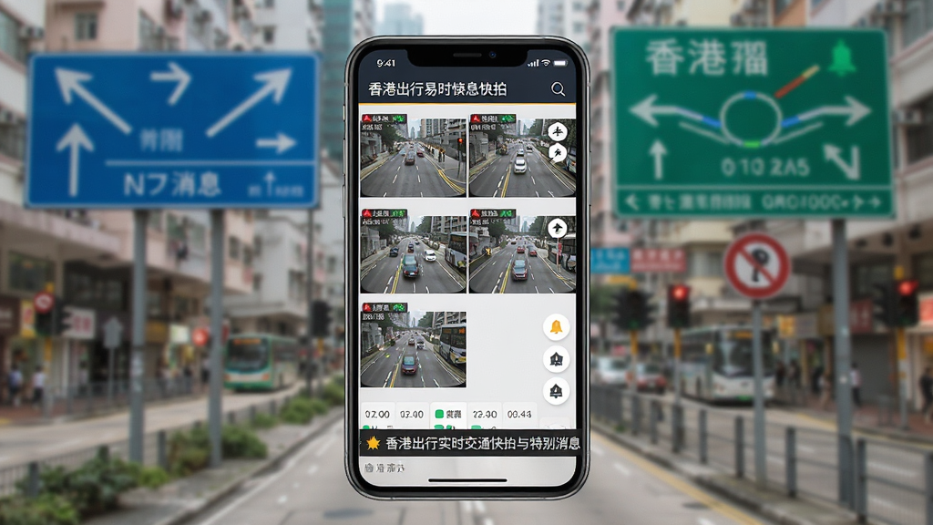 香港出行易实时交通快拍与特别消息界面,画面中央为手机屏幕,屏幕内显示多个道路监控画面缩略图与滚动新闻条,背景为香港城市道路与交通指示牌,布局为网格状,风格为新闻资讯风,细节包含时间戳、路况颜色标识、消息提醒图标,画质清晰,干净,无多余元素