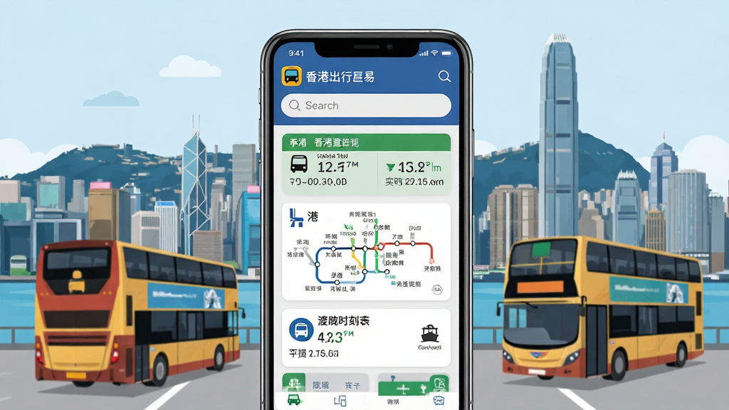 香港出行易手机应用主界面展示,画面中央是一部竖屏智能手机,屏幕内呈现香港出行易App的首页,包含巴士到站时间查询、港铁线路图、渡轮时刻表等功能入口,背景为香港维多利亚港天际线与行驶中的双层巴士,整体布局简洁清晰,风格为现代扁平化UI设计,细节包含App图标、搜索栏、功能按钮、实时数据卡片,画质高清,干净,无多余元素