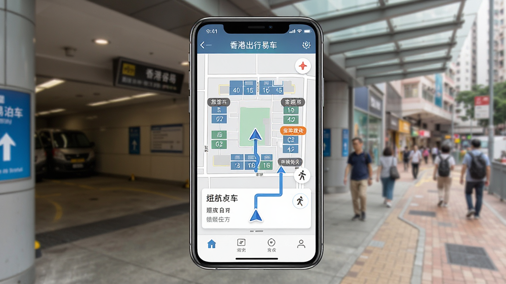 香港出行易泊车与步行导航功能界面,画面中央为手机屏幕,屏幕内展示停车场空位地图与步行导航箭头,背景为香港商业区停车场入口与行人路,布局为地图叠加信息卡片,风格为实用工具风,细节包含车位数字、收费标签、导航路线,画质高清,干净,无多余元素