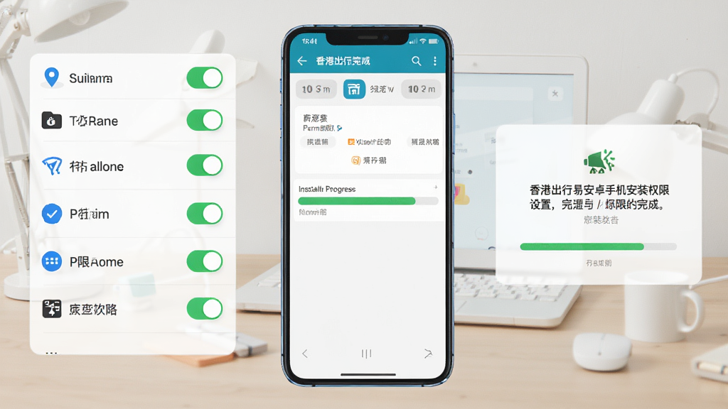 香港出行易安卓手机安装与权限设置示意图,画面中央为手机屏幕,屏幕内显示应用权限管理界面与安装进度条,背景为简洁的桌面环境,布局为左右分栏,左侧为权限开关列表,右侧为安装完成提示,风格为教程图解风,细节包含定位图标、存储图标、网络图标、勾选状态,画质高清,干净,无多余元素
