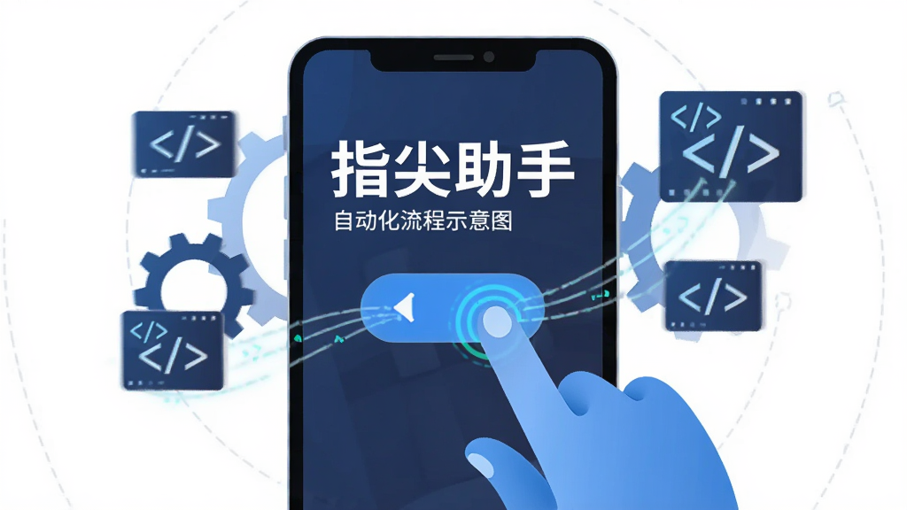 画面展示手机屏幕上一只虚拟手指正在点击按钮,周围环绕着齿轮和代码符号,主体为“指尖助手”自动化流程示意图,布局居中,风格扁平科技感,细节有操作轨迹线,画质清晰,干净,无多余元素