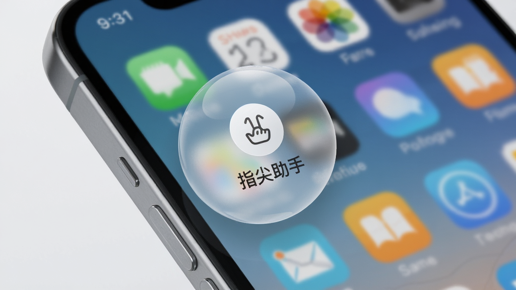 画面展示手机屏幕边缘有一个半透明的圆形悬浮球,球体上有“指尖助手”的简约图标,背景是手机桌面,布局突出悬浮球位置,风格现代简洁,细节有光影效果,画质清晰,干净,无多余元素