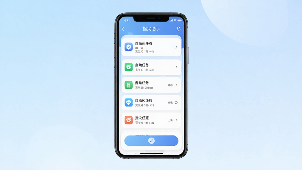 画面中央展示一部智能手机,屏幕上显示“指尖助手”软件界面,界面包含自动化任务列表和悬浮按钮,背景为浅蓝色渐变,布局简洁,风格科技清新,细节包括图标和文字按钮,画质清晰,干净,无多余元素