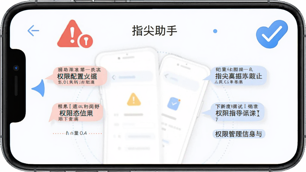 画面展示一部手机屏幕上显示“指尖助手”的权限设置页面,旁边有一个红色警告标志和蓝色对勾标志,主体为权限配置示意图,布局左右对比,风格信息图表,细节有文字说明框,画质清晰,干净,无多余元素