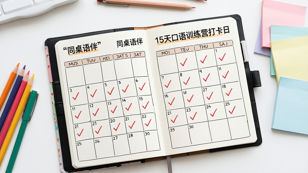 主体是一本翻开的电子日程本,页面上显示同桌语伴的15天口语训练营打卡日历;布局为日程本平铺在桌面上,旁边有彩色铅笔和便签纸;排版整洁有序,风格为清新手账风;细节上页面内需有引号“同桌语伴”和“15天口语训练营”字样,打卡格内有红色对勾;画质高清,画面干净无杂物。