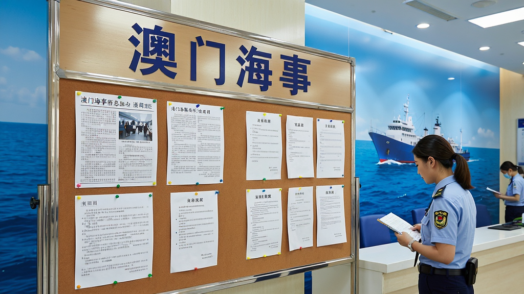 画面主体为一张信息公告板,公告板上方用大字标注“澳门海事”四个字,板面上贴有新闻公告和通知文件,公告板位于海事局大厅内,旁边有工作人员在查看,背景是蓝色海洋主题墙面。风格官方正式,布局竖向排列,排版整齐规范,细节丰富,画质高清,干净无多余元素。