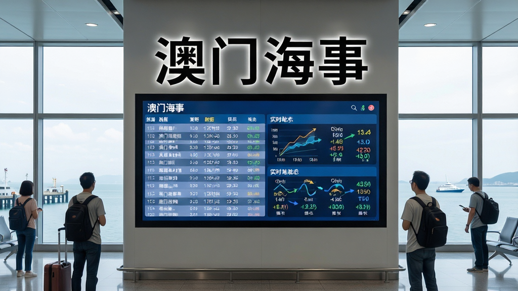 画面主体为一块数字显示屏,屏幕上方用大字标注“澳门海事”四个字,屏幕内展示航班时刻表和实时动态信息,显示屏位于候船大厅内,周围有几位乘客正在查看,背景是码头落地窗与海景。风格现代简约,布局横向展开,排版层次分明,细节清晰,画质高清,干净无多余元素。