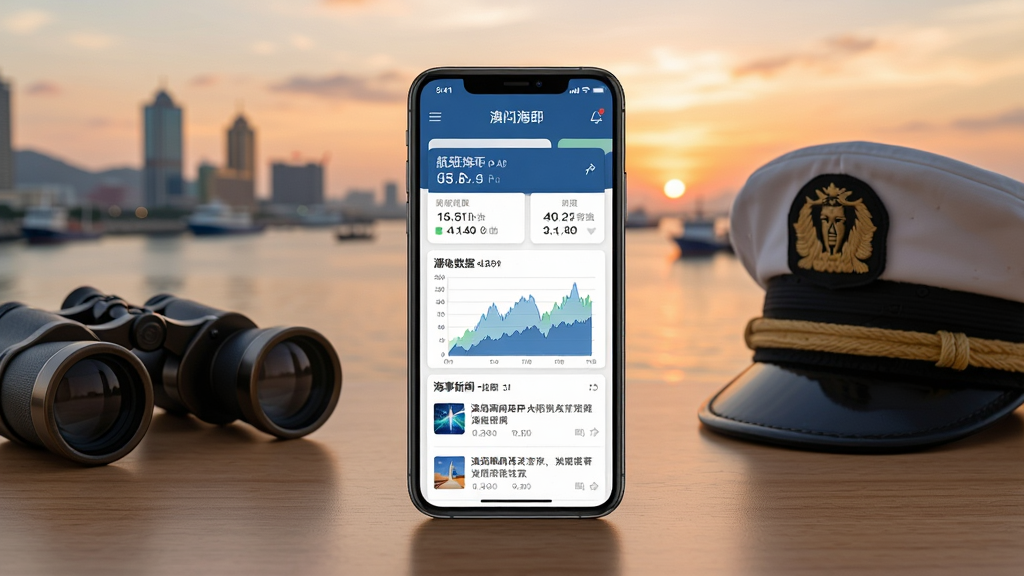 画面主体为一部智能手机,屏幕上显示澳门海事APP的主界面,界面中包含航班信息卡片、潮汐数据图表和海事新闻列表,手机放置在一张木质桌面上,旁边有一副望远镜和一顶船长帽,背景是澳门海港的日落景色。整体风格写实商务,布局居中,排版清晰整洁,细节丰富,画质高清,干净无多余元素。