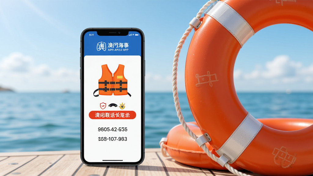 画面主体为一部智能手机,屏幕上显示澳门海事APP的安全指引页面,页面中有救生衣图示和紧急联系电话,手机放置在救生圈旁边,背景是平静的海面和蓝天。风格清新明亮,布局简洁,排版舒适,细节清晰,画质高清,干净无多余元素。
