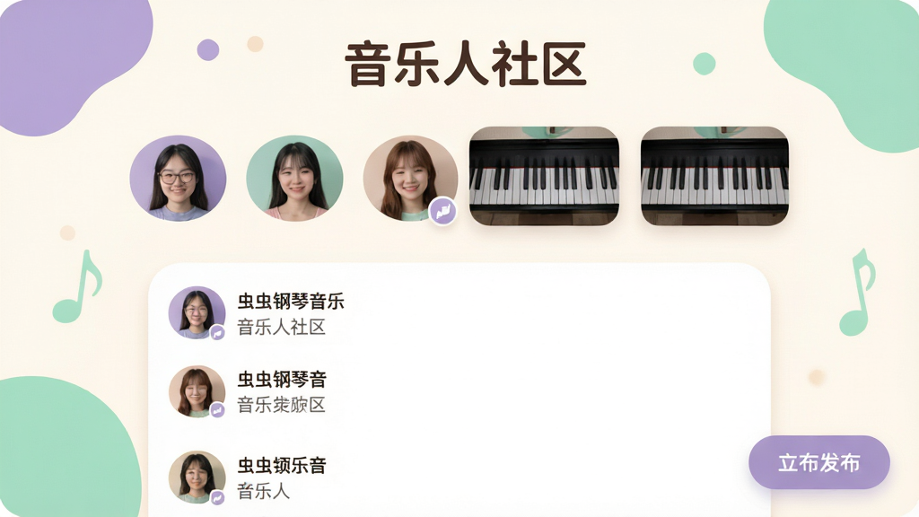 虫虫钢琴音乐人社区页面,画面展示多位用户头像与演奏音频卡片,顶部有“音乐人社区”标题,中部为动态信息流,右下角悬浮发布按钮,背景为暖白色,点缀淡紫色与薄荷绿元素,整体采用圆角卡片式布局,风格温馨友好,画质干净清晰,无冗余信息