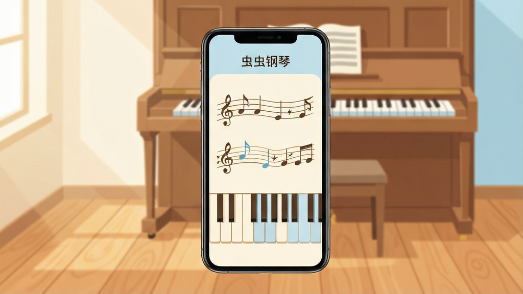 软件主界面展示,中央放置一部智能手机,屏幕内呈现虫虫钢琴App的曲谱浏览页面,标题清晰可见“虫虫钢琴”字样,背景为温暖的木质地板与一架立式钢琴,柔和的自然光从左侧照入,画面采用扁平化插画风格,色彩以米白、浅棕、淡蓝为主,布局简洁干净,细节包含音符图标与琴键元素点缀,整体画质高清,无多余杂物